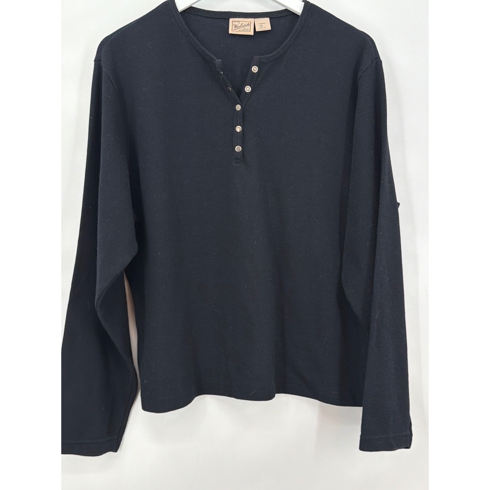 Woolrich Womens XL Black Waffle Knit Long Sleeve Henley Snap Button Top